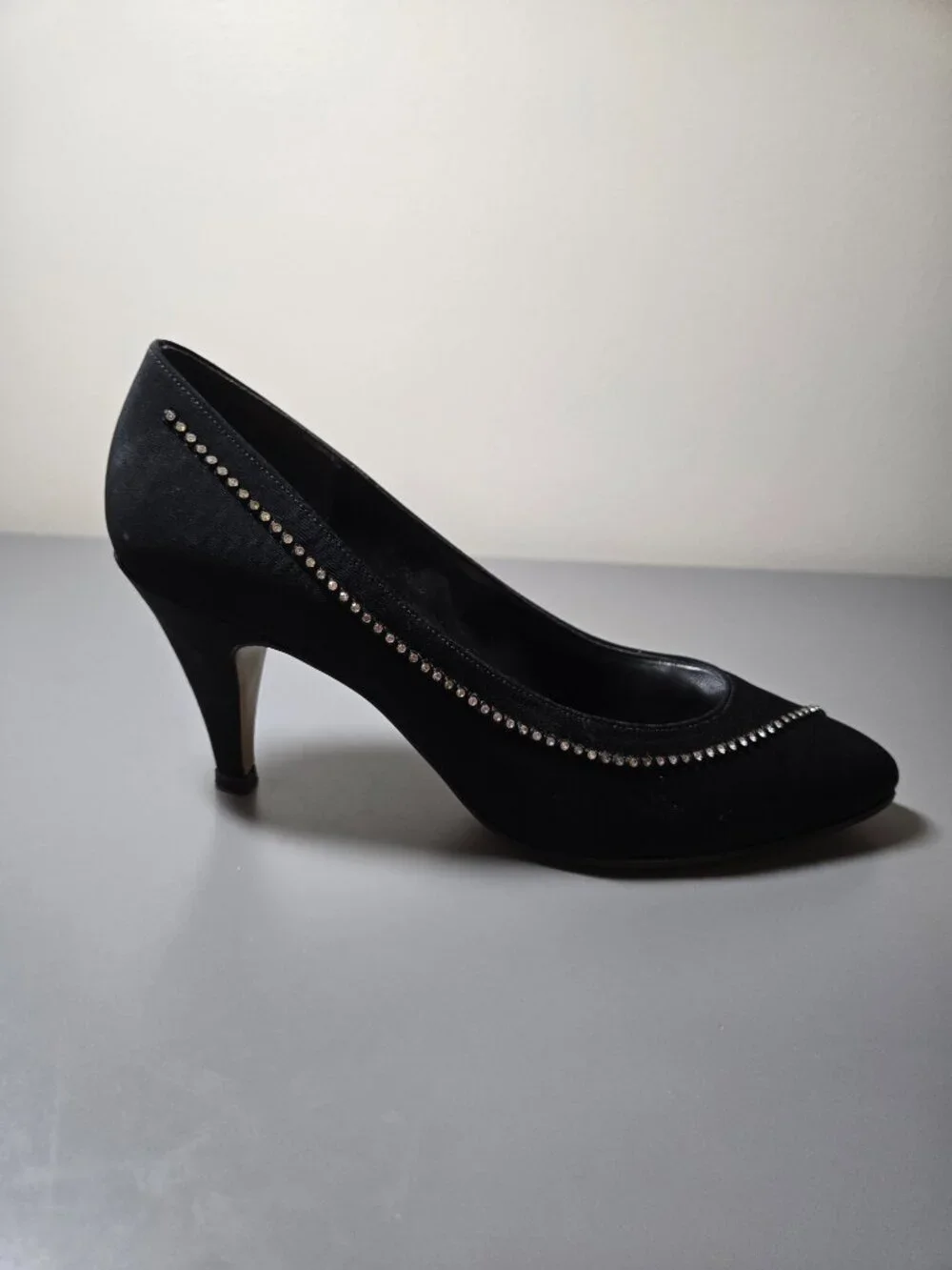 VINTAGE Impromptu Black Peau de Soie Satin Pumps with Rhinestone Detail, Classy